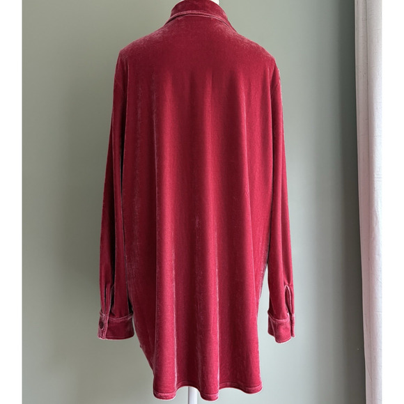 Soft Surroundings Velvet Boyfriend Tunic Button Up Shirt Garnet Red Cozy Luxe L - Picture 8 of 16